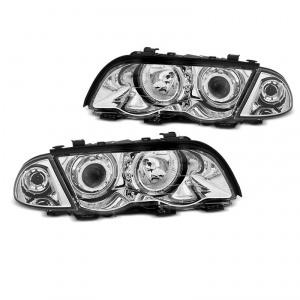 2 LED front headlights angel eyes white - BMW E46 98-01 - Chrome