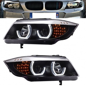 2 BMW Serie 3 E90 E91 Angel Eyes 3D LED 05-12 Headlights - Black