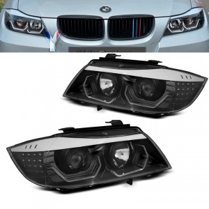 2 BMW Serie 3 E90 E91 Angel Eyes LED 05-12 Faróis Icônicos - Preto
