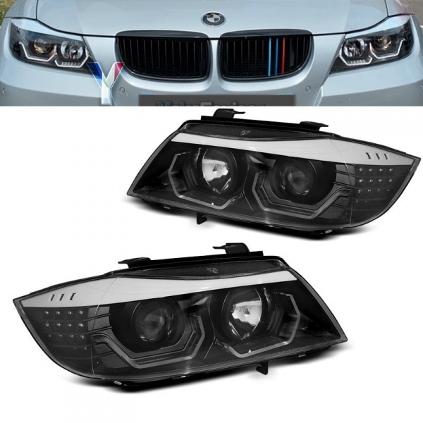 2 BMW Serie 3 E90 E91 Angel Eyes LED 05-12 Scheinwerfer Iconic Look - Schwarz