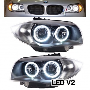2 Phares avant BMW Serie 1 E81 E82 E87 Angel Eyes LED V2 DEPO 04 et + - Noir