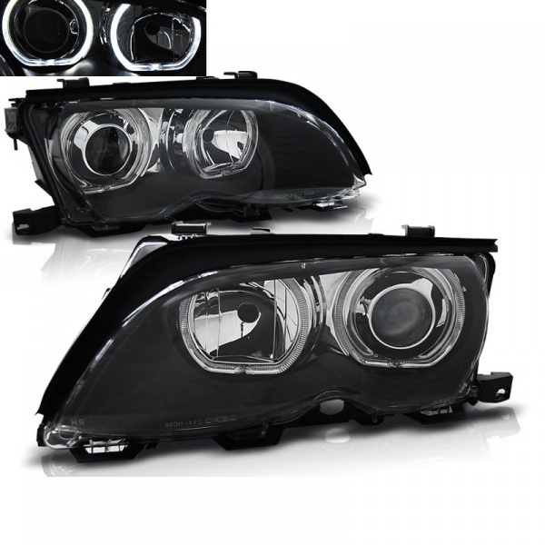 2 BMW E46 Sedan Angel Eyes LED Depo V2 front headlights - 01-05 - Black