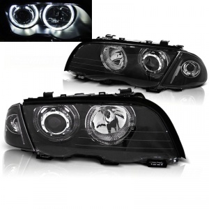 2 Phares avant LED angel eyes blanc - BMW E46 98-01 - Noir