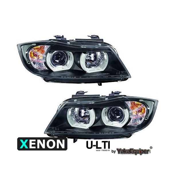 2 BMW Serie 3 E90 E91 Angel Eyes LED U-LTI 05-08 faróis de xenon - Preto