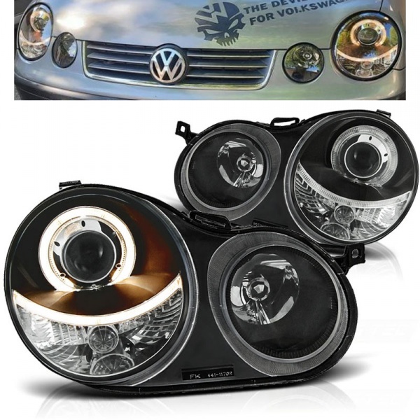 2 faróis VW Polo (9N) Angel Eyes - Preto