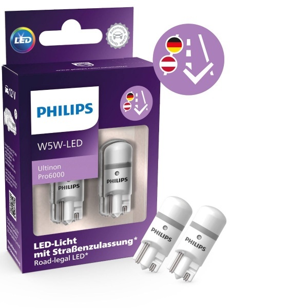 Pacote de 2 lâmpadas T10 Philips Ultinon Pro6000 LED 6000K - W5W